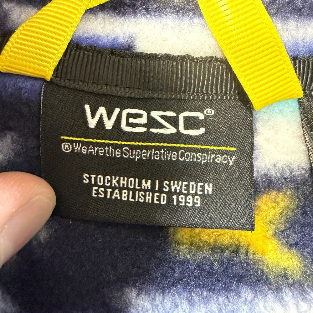 WESC Mens Medium Geometric Fleece Jacket Blue Yellow Aztec Southwestern Zip Up - Picture 10 of 16